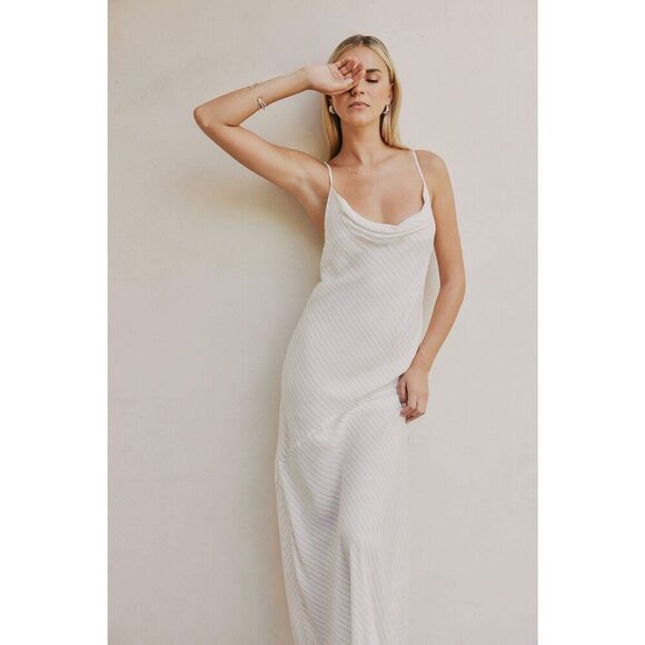 CURAAE Bella Maxi Cowl Neck Pinstripe Slip Dress In White Cocktail Size S NWT - Picture 3 of 6